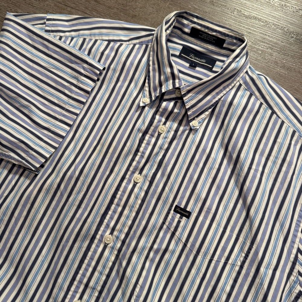Faconnable Shirt Mens L Blue Striped Cotton French Preppy Old Money S/S OCBD